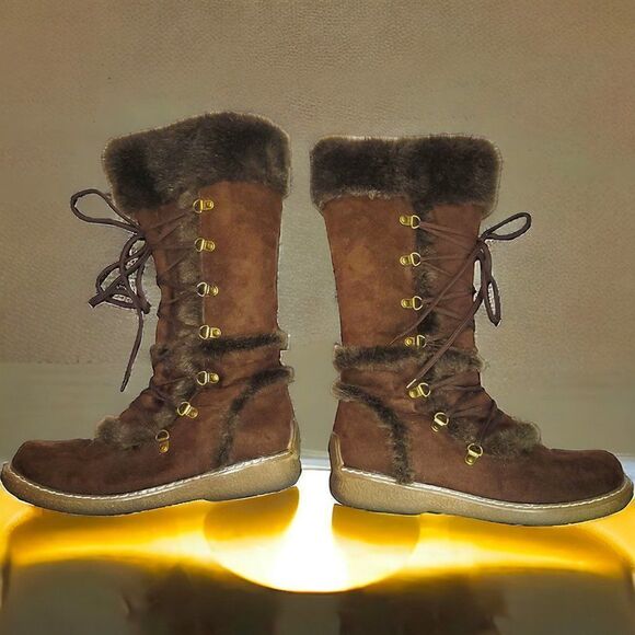 Moccasin style brown velvet fur trim tall calf boots - Picture 2 of 5